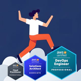 Person climb up the blocks, and these blocks are aws certification badges
